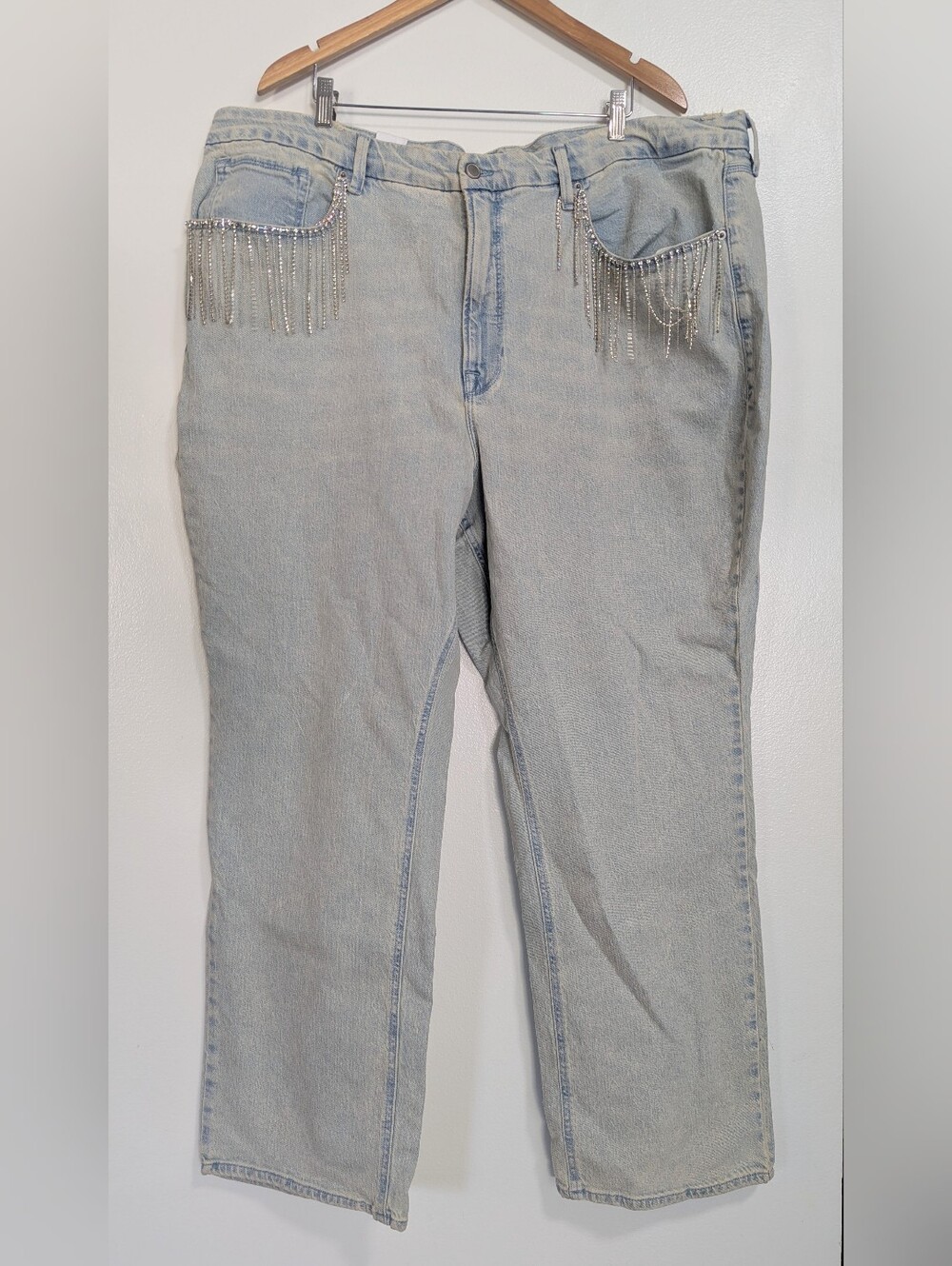 Good American Light Wash Rhinestone Fringe Pocket Jeans Size 26